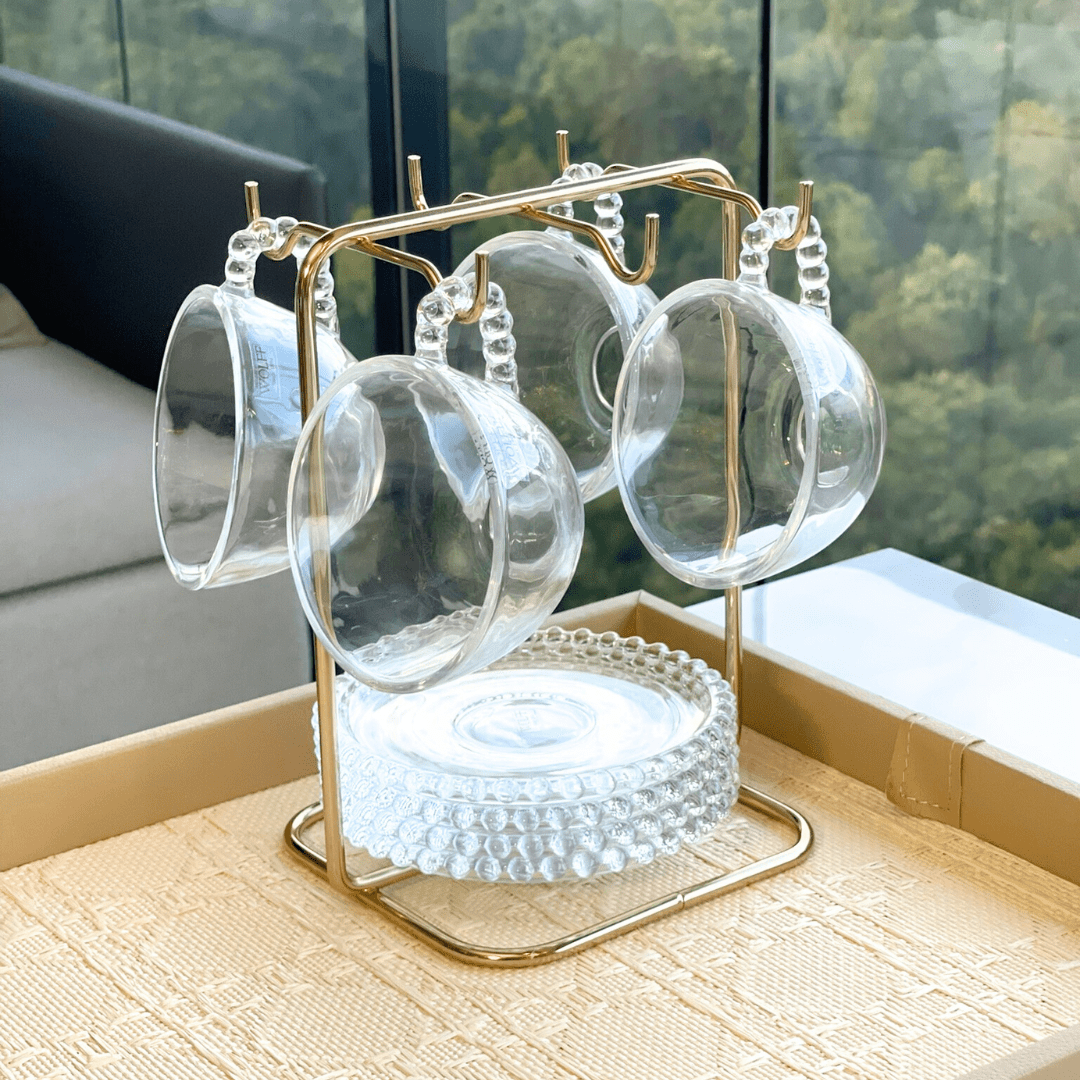 Jogo de 4 Xícaras de Chá Cristal de Chumbo com Pires Pearl Bolinha - 180ml