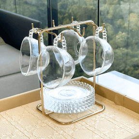 Jogo de 4 Xícaras de Chá Cristal de Chumbo com Pires Pearl Bolinha - 180ml