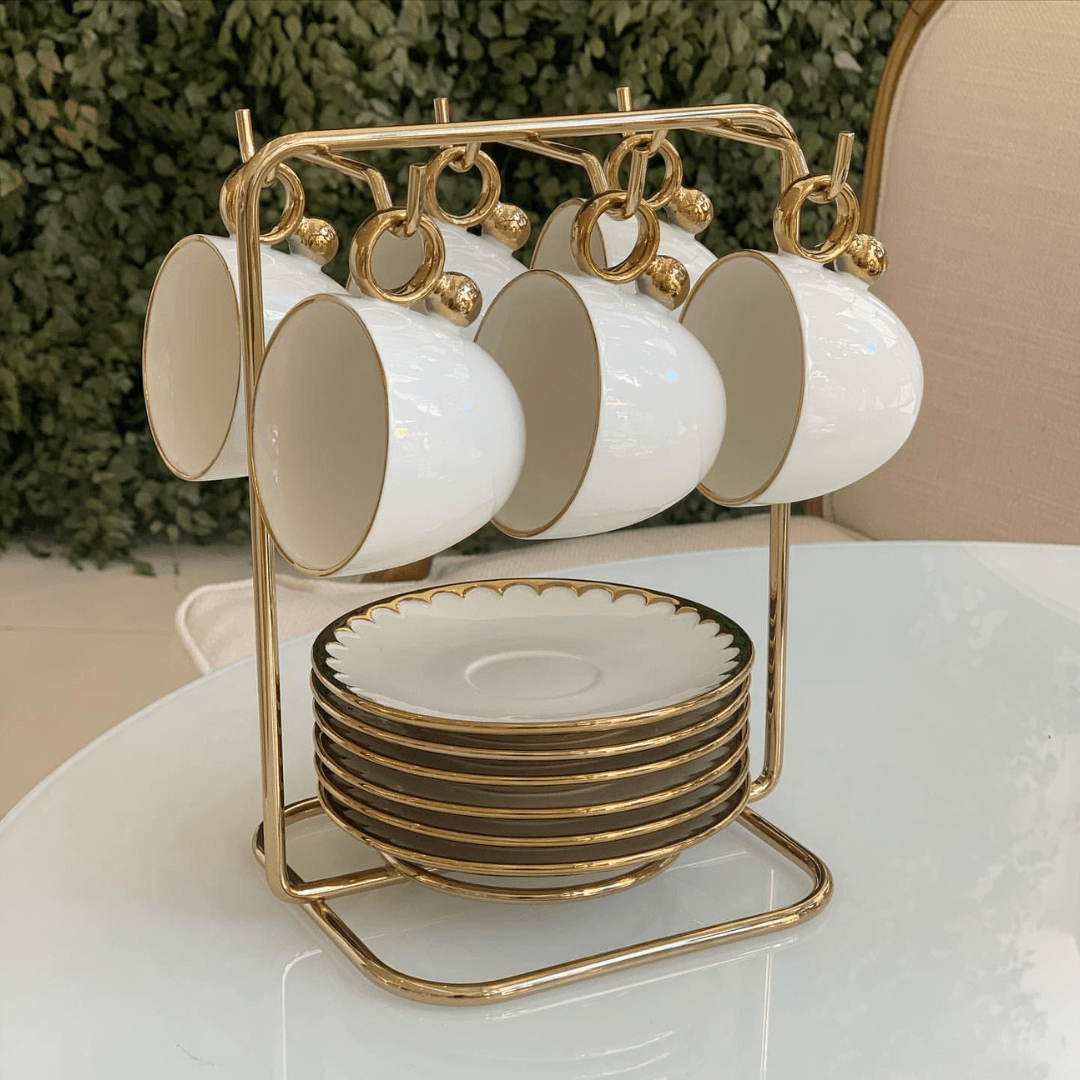 Suporte para Xicaras e Pires de Café Aço Dourado