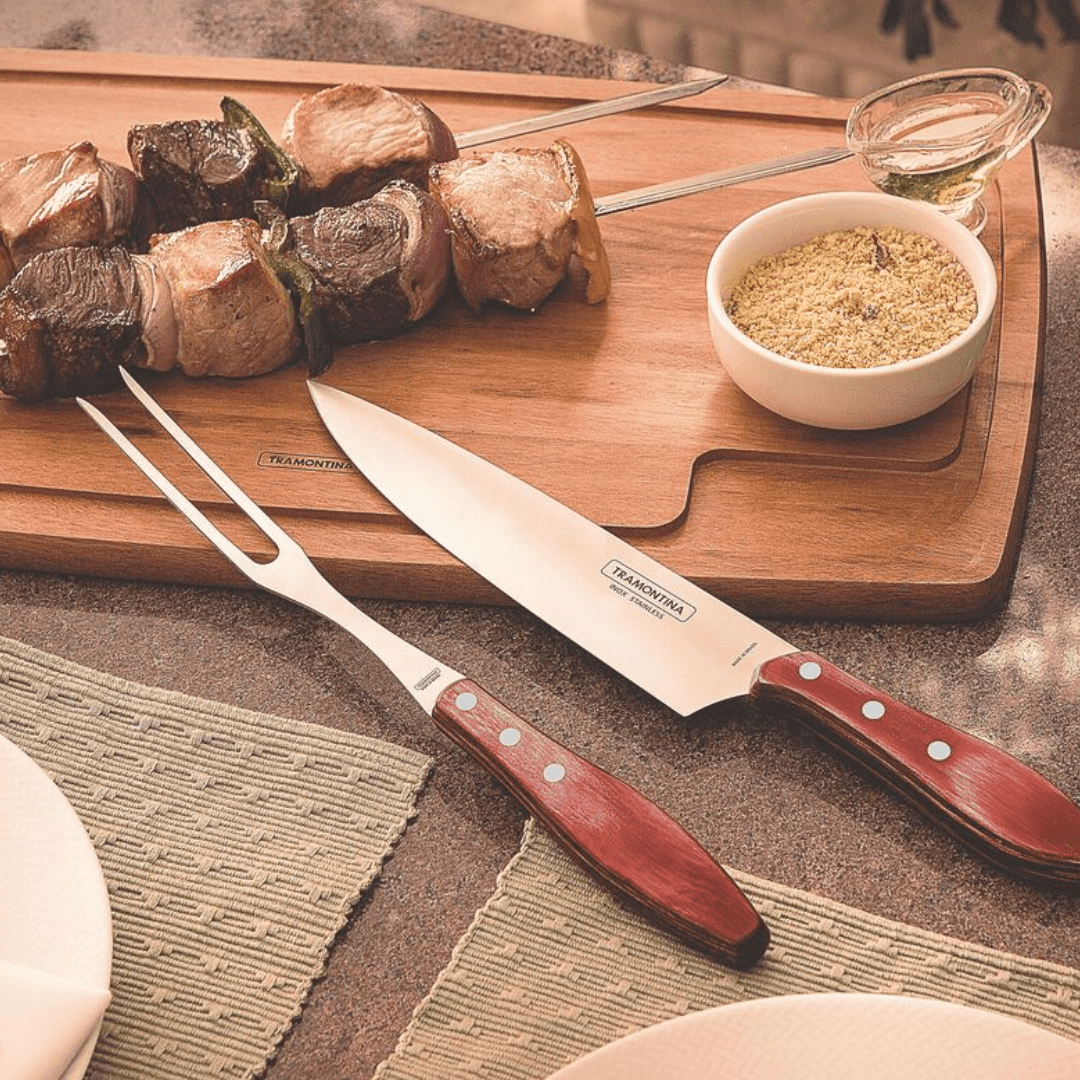 Jogo Trinchante para Churrasco Polywood Aço Inox e Cabo de Madeira Vermelho 2 Peças Tramontina