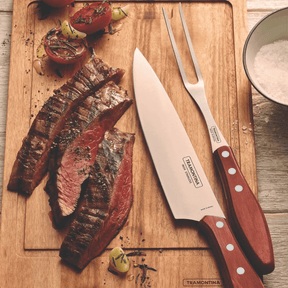 Jogo Trinchante para Churrasco Polywood Aço Inox e Cabo de Madeira Vermelho 2 Peças Tramontina
