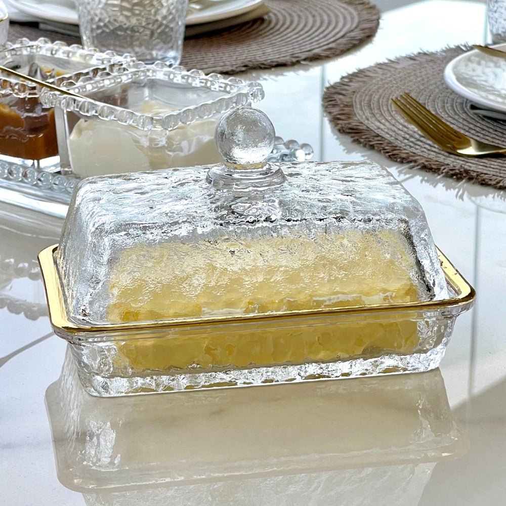 Manteigueira Petra Cristal Ecológico e Fio de Ouro com Tampa 17cm