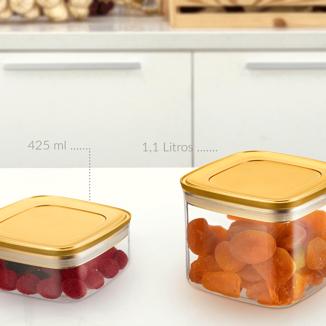 Pote Hermético Quadrado Vedação Tripla Tampa Metalizada Dourada Fosco 425ml