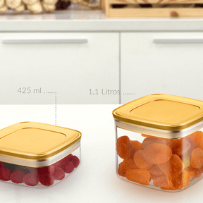 Pote Hermético Quadrado Vedação Tripla Tampa Metalizada Dourada Fosco 425ml