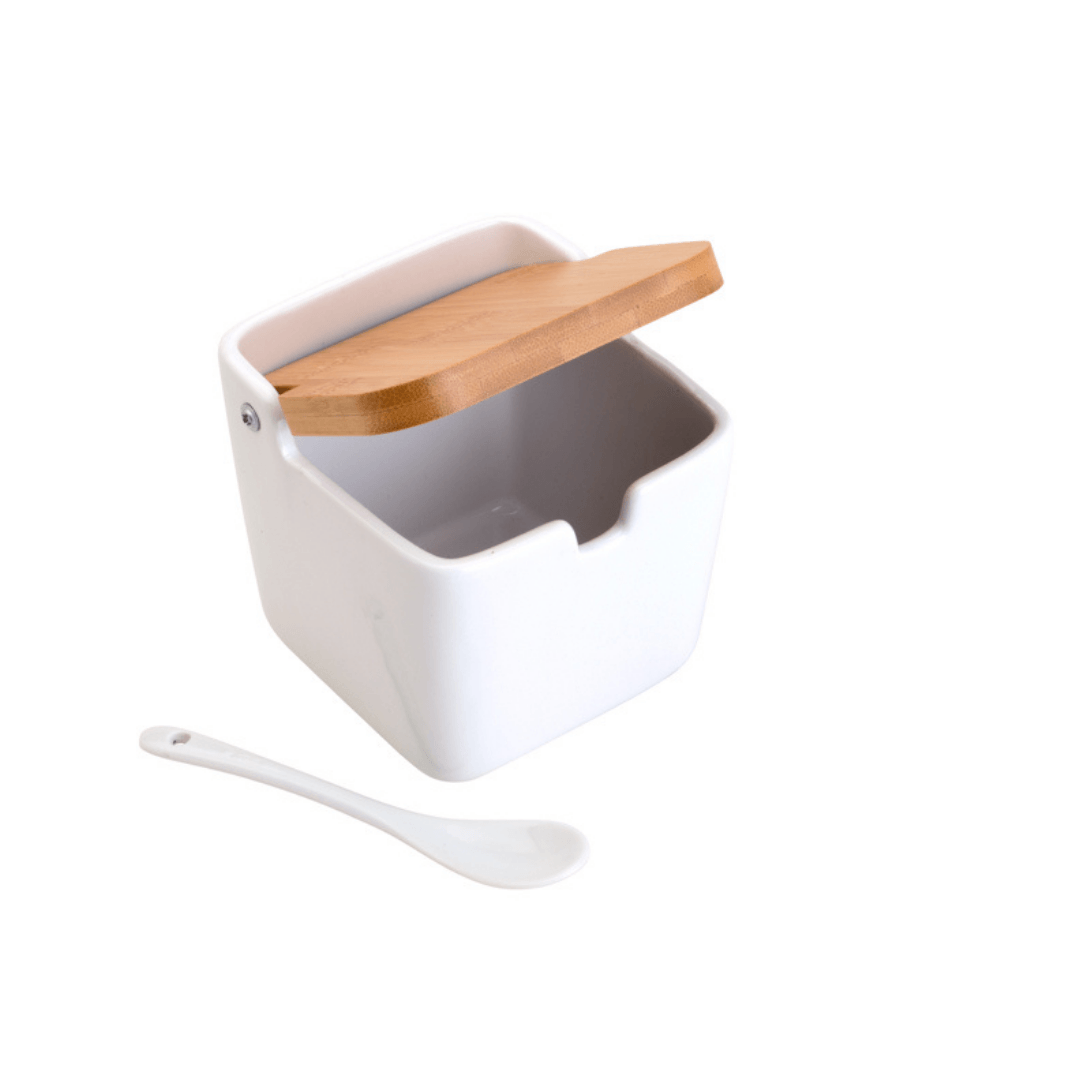 Saleiro de Mesa Ceramica com Tampa e Colher Branca 400ml