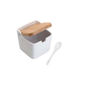 Saleiro de Mesa Ceramica com Tampa e Colher Branca 400ml