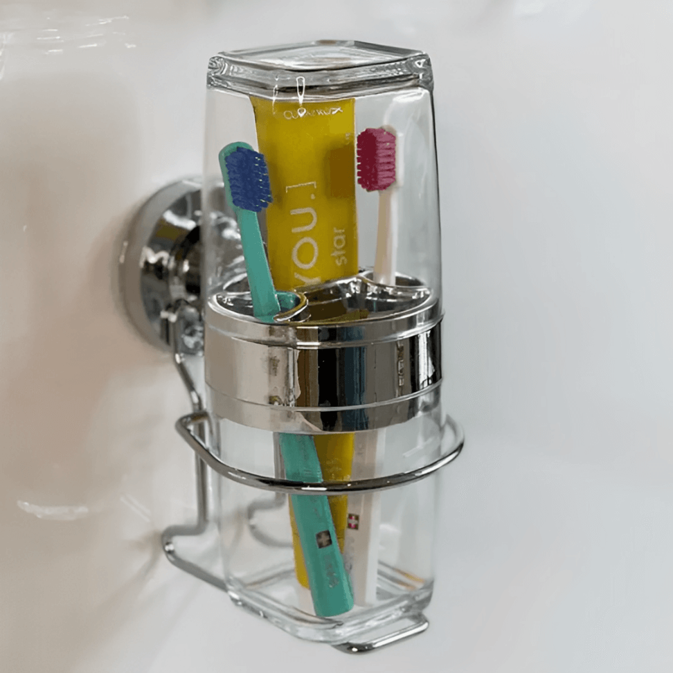 Suporte com Porta Escova e Creme Dental com Ventosa Cromado