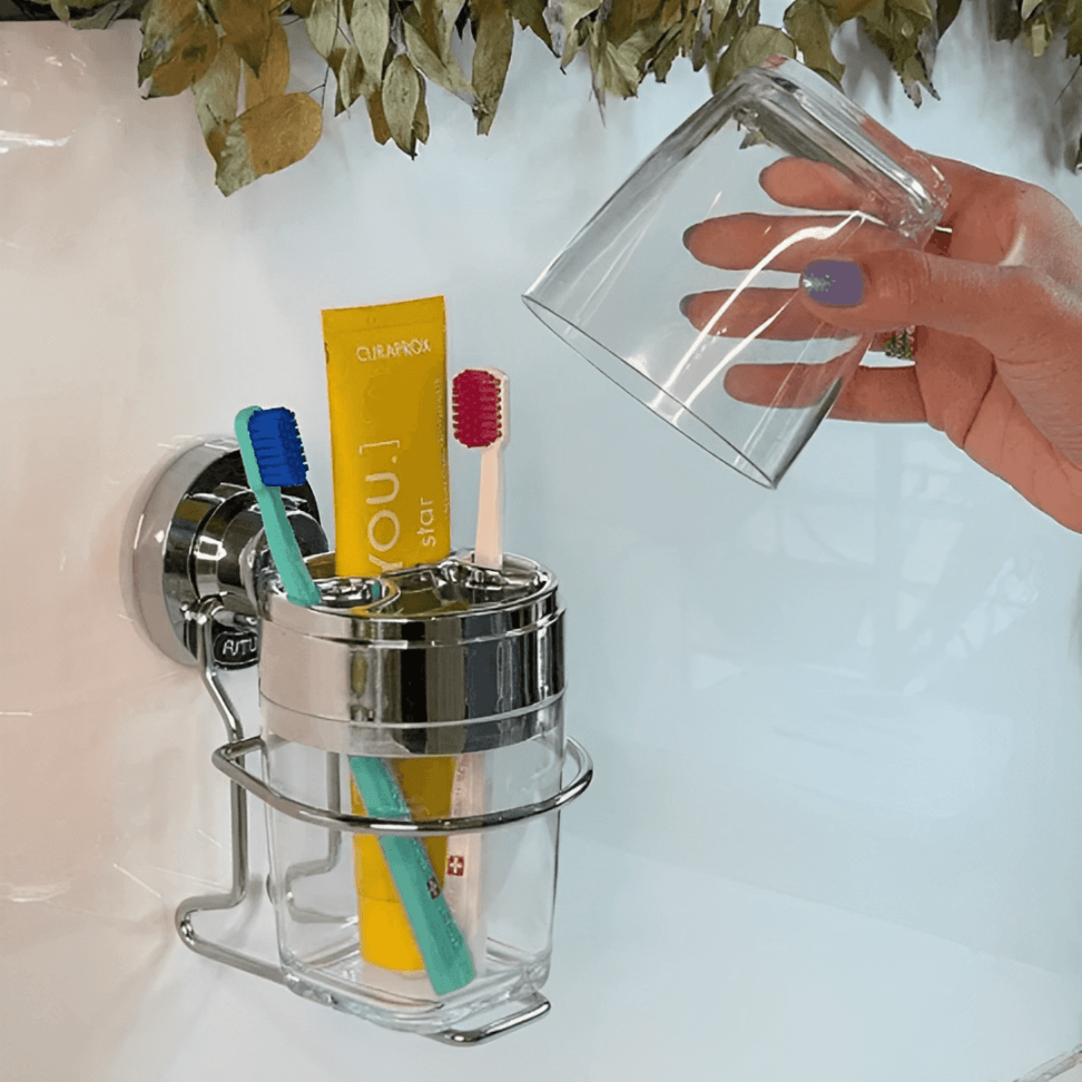 Suporte com Porta Escova e Creme Dental com Ventosa Cromado