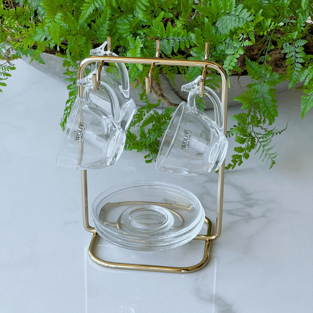 Suporte para Xicaras e Pires de Café Aço Dourado