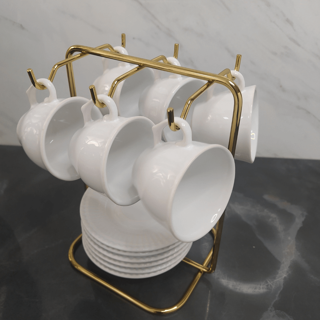 Suporte para Xicaras e Pires de Café Aço Dourado