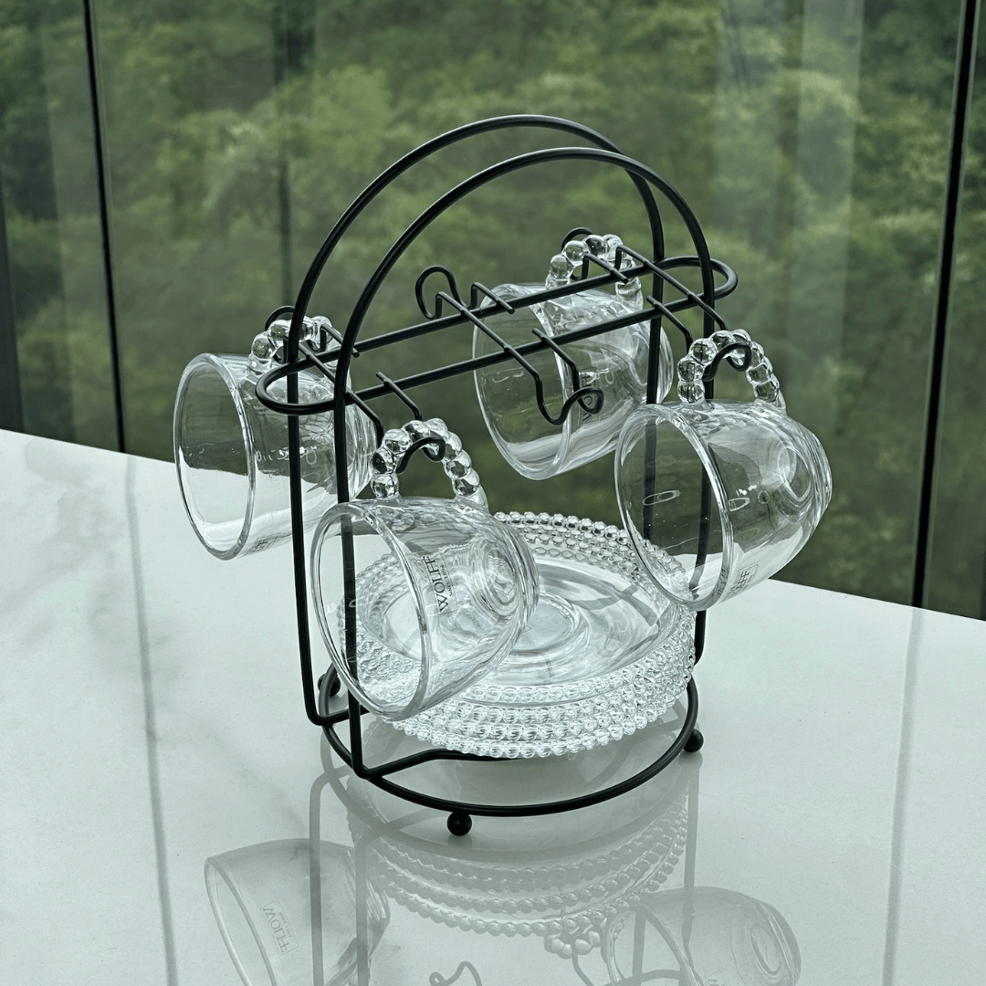 Jogo de Xícaras de Café Cristal Com Pires Pearl Bolinha 4 Peças - 80ml